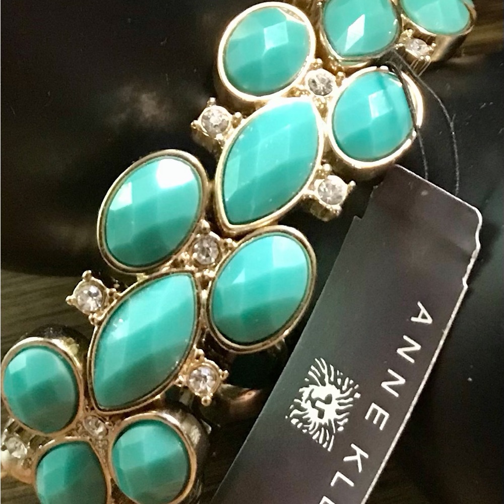 Anne Klein Turquoise and Rhinestone Flower Stretch Bangle - Picture 2 of 4